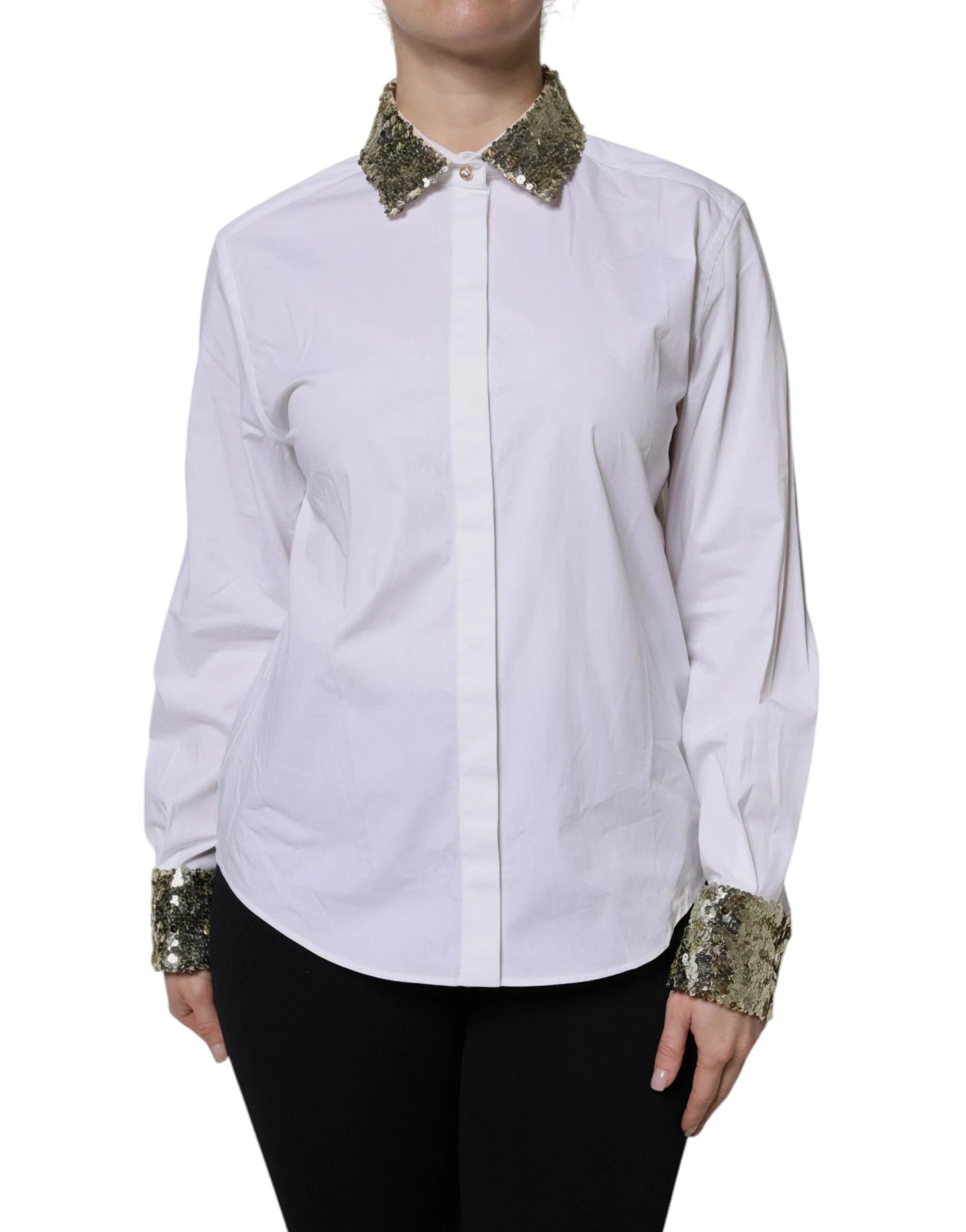 Dolce & Gabbana White Cotton Long Sleeves Sequin Shirt Top by Dolce & Gabbana