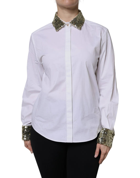 Dolce & Gabbana White Cotton Long Sleeves Sequin Shirt Top by Dolce & Gabbana