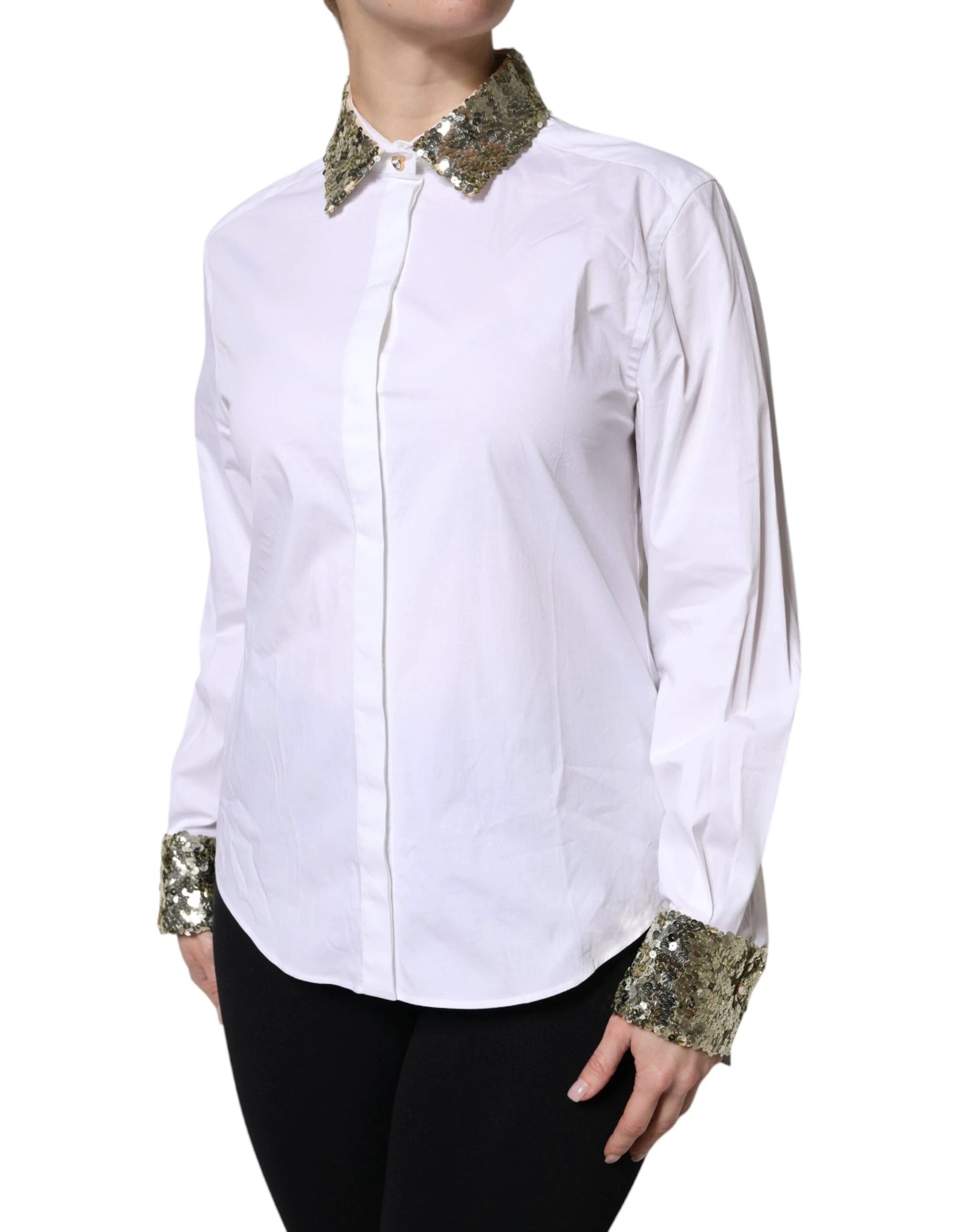 Dolce & Gabbana White Cotton Long Sleeves Sequin Shirt Top by Dolce & Gabbana