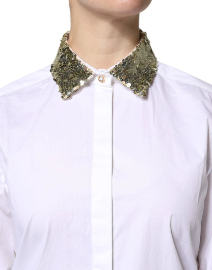 Dolce & Gabbana White Cotton Long Sleeves Sequin Shirt Top by Dolce & Gabbana