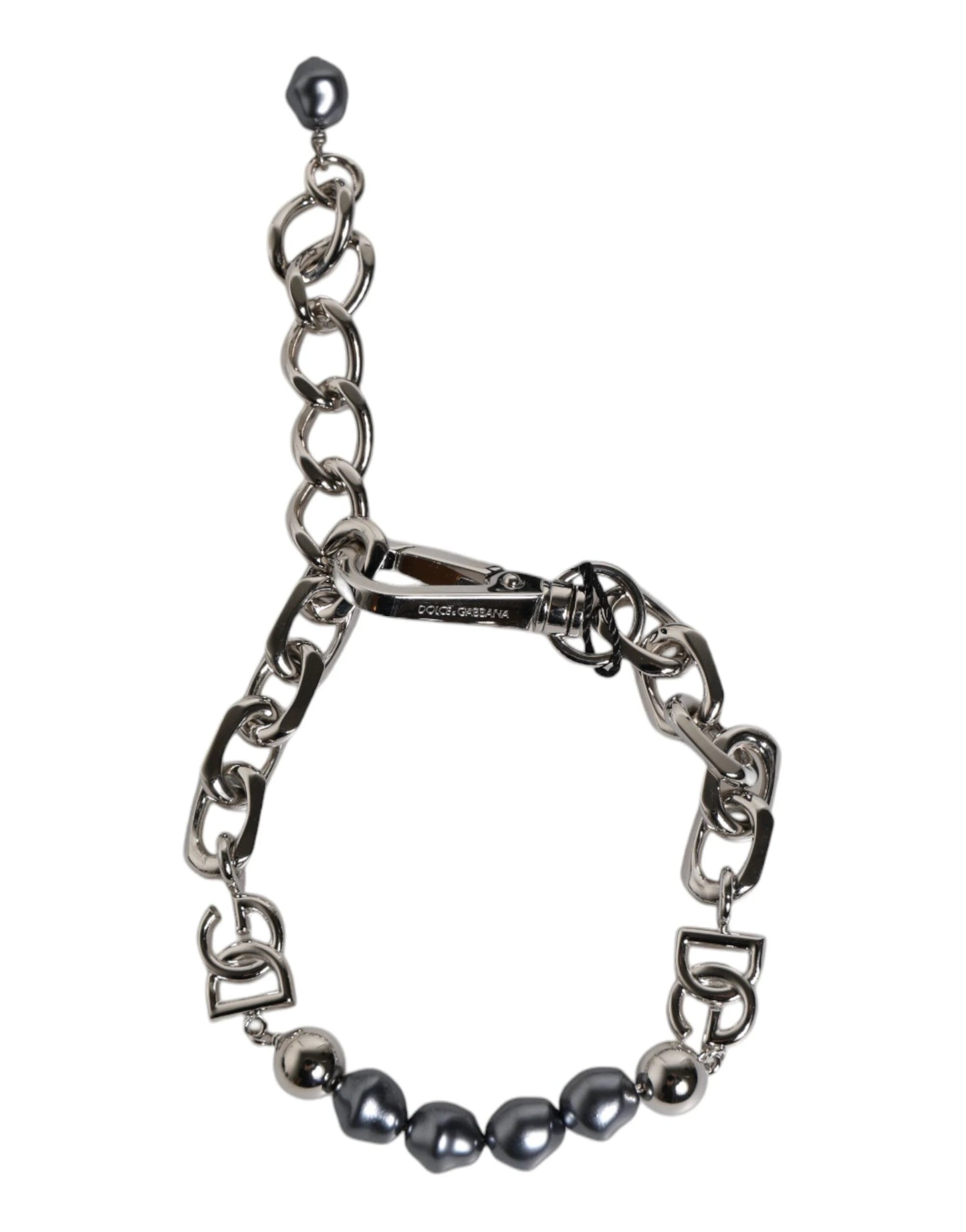 Dolce & Gabbana Silver Tone Chain Lobster Clasp Logo Gray Pearls Bracelet