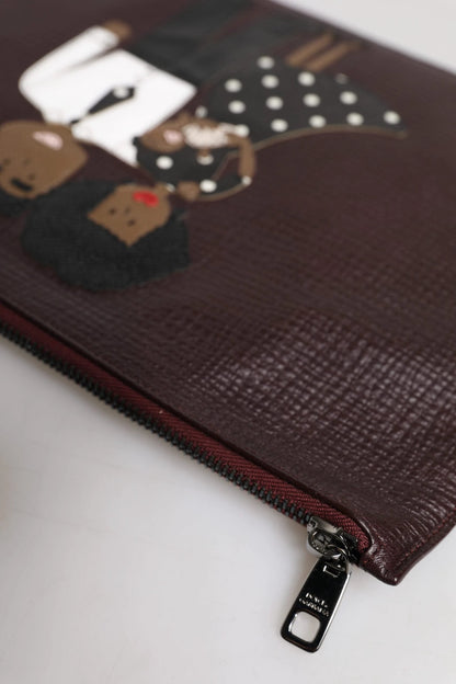 Dolce & Gabbana Brown Leather #DGFAMILY Embellished Men Clutch Pouch Bag by Dolce & Gabbana