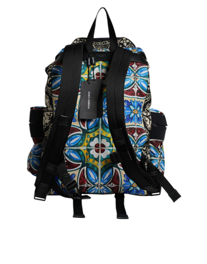 Dolce Et Gabbana Sac À Dos Nylon Imprimé Maiolica Multicolore Avec Poches Extérieures