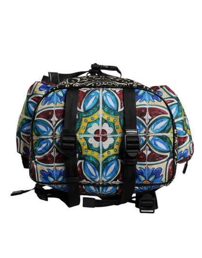 Dolce Et Gabbana Sac À Dos Nylon Imprimé Maiolica Multicolore Avec Poches Extérieures