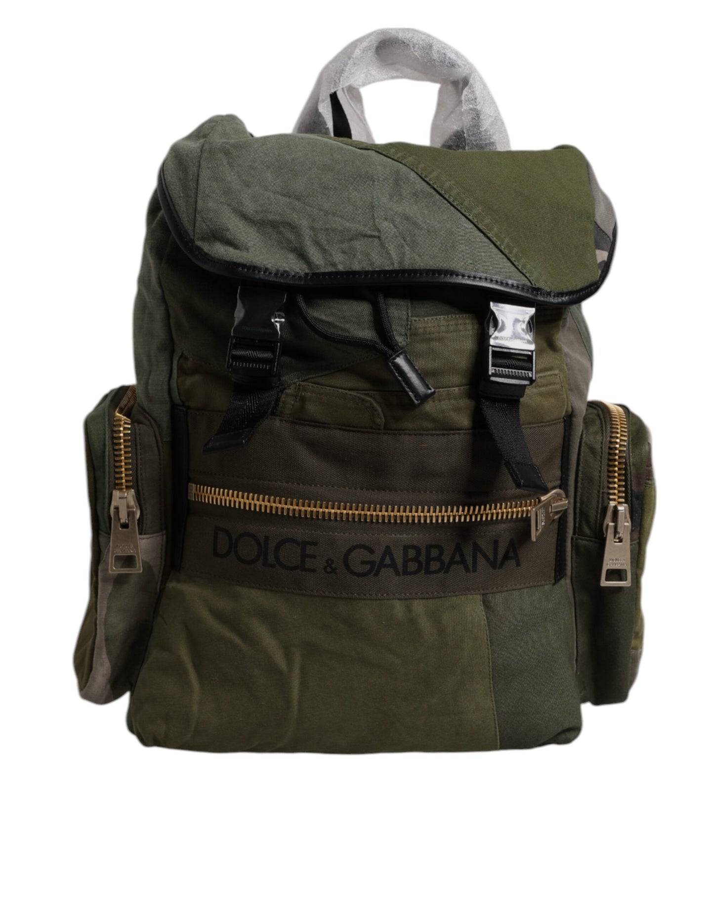 Dolce Gabbana Sac A Dos De Voyage Patchwork Vert Militaire En Tissu Cuir Et Nylon Avec Poches Multiples