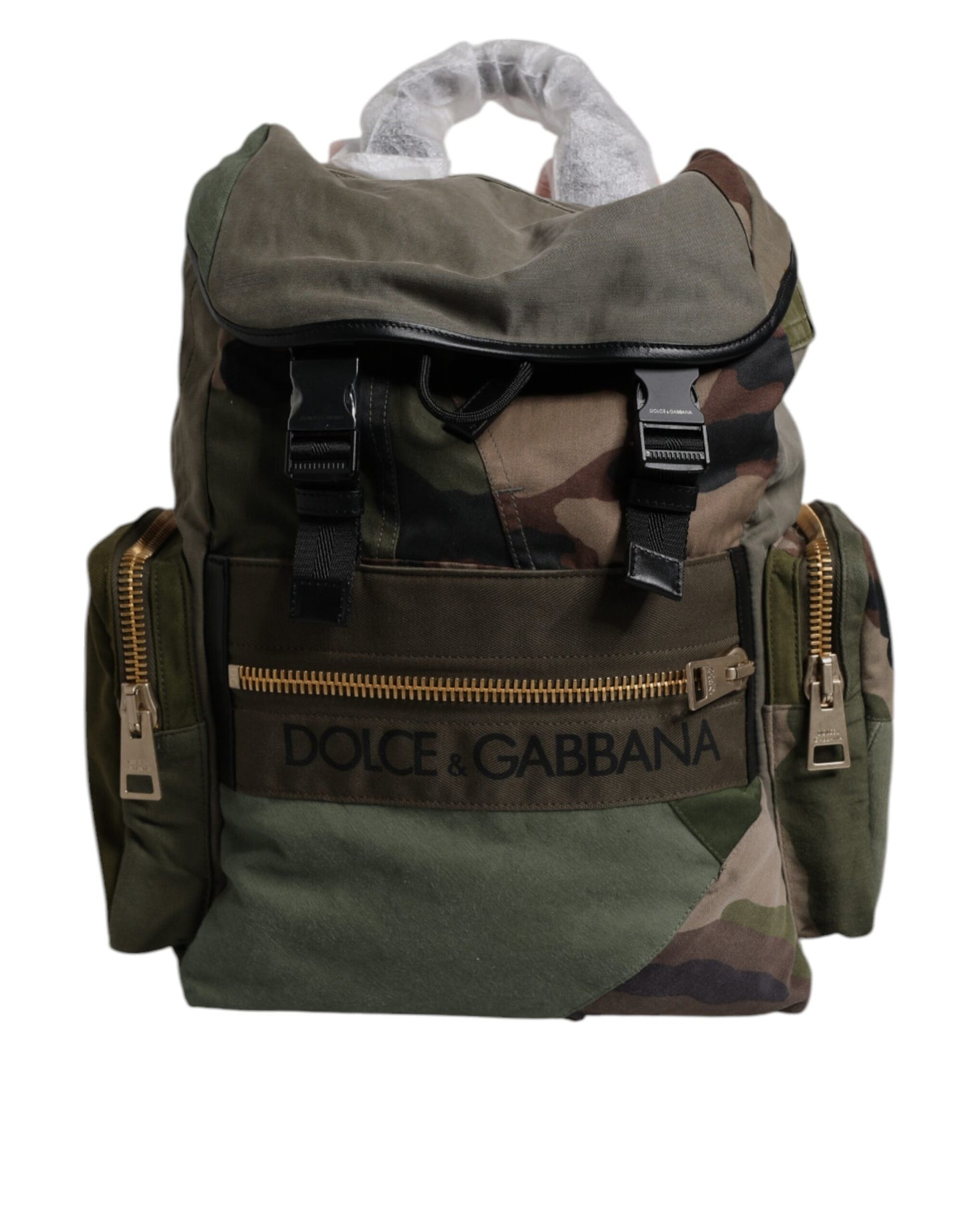 Dolce & Gabbana Sac À Dos Patchwork Vert Militaire Pour Voyage En Coton Cuir Et Nylon Doublé Poches Intérieures