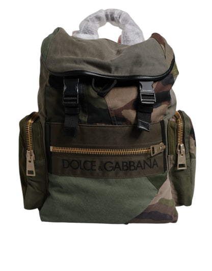 Dolce & Gabbana Sac À Dos Patchwork Vert Militaire Pour Voyage En Coton Cuir Et Nylon Doublé Poches Intérieures