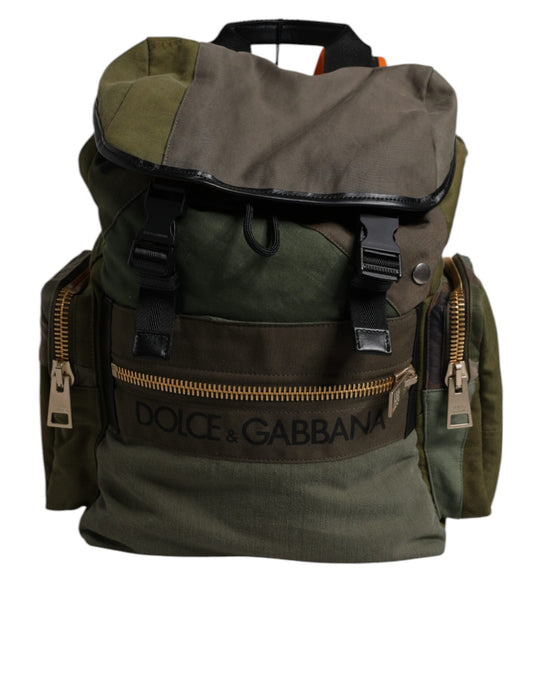 Dolce Gabbana Sac à Dos de Voyage Patchwork Vert Militaire en Coton Cuir de Veau et Nylon
