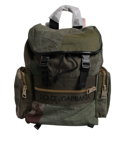 Dolce Et Gabbana Sac À Dos De Voyage Patchwork Vert Militaire En Coton Cuir Nylon Design Luxueux
