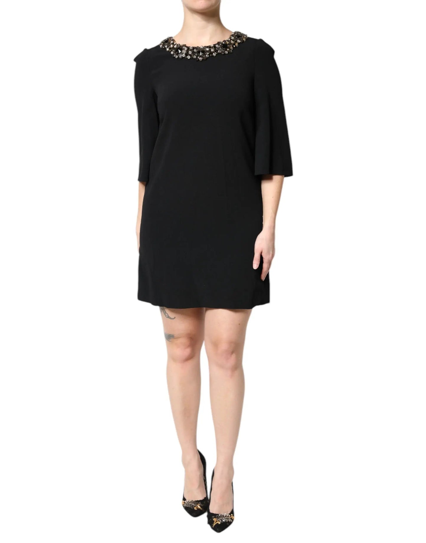 Dolce & Gabbana Black Crystal Embellished Round Neck Mini Dress by Dolce & Gabbana