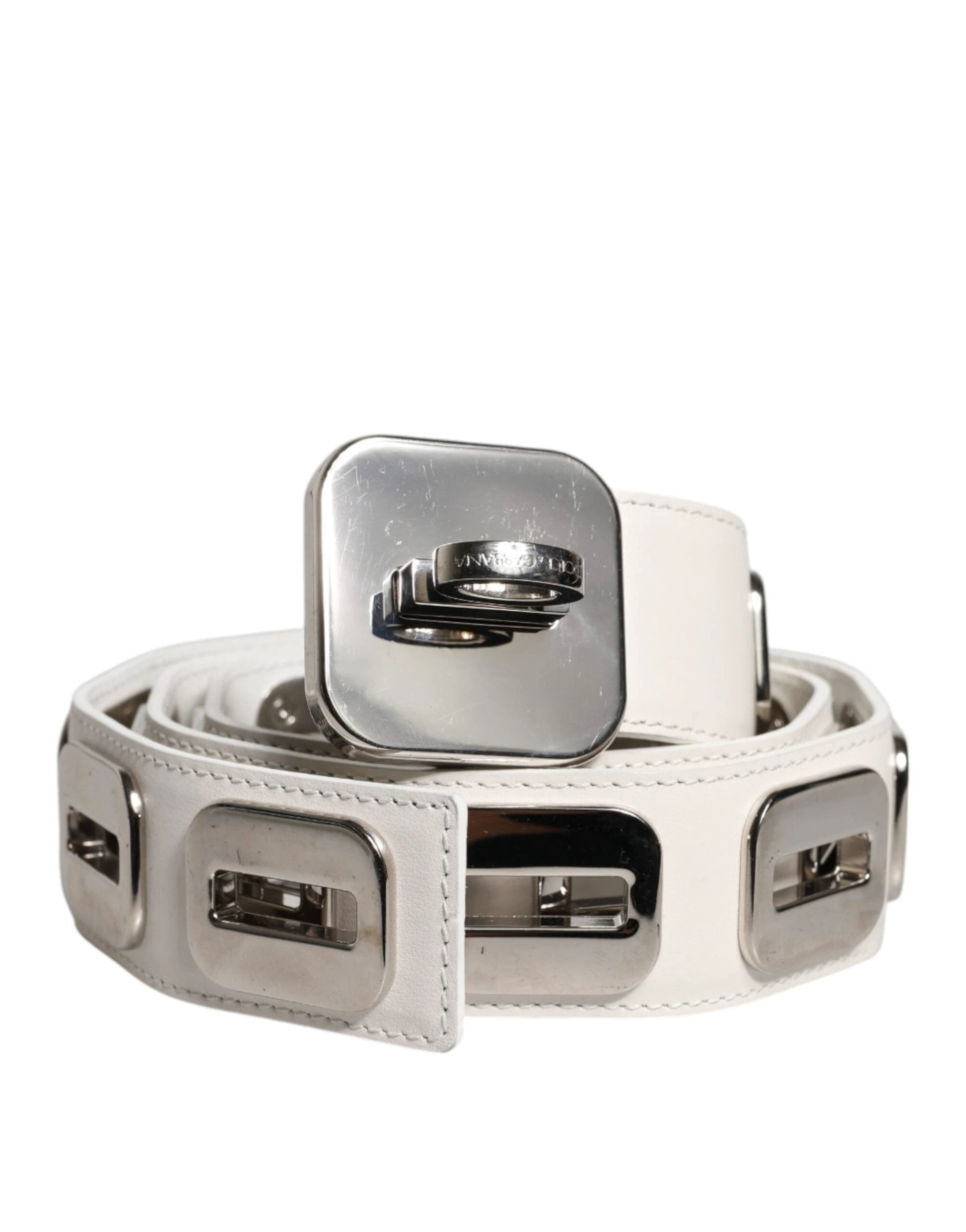 Dolce & Gabbana White Leather Gold Tone Rotating Buckle Belt by Dolce & Gabbana
