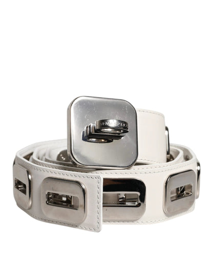 Dolce & Gabbana White Leather Gold Tone Rotating Buckle Belt by Dolce & Gabbana