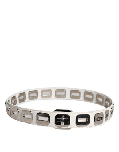 Dolce & Gabbana White Leather Gold Tone Rotating Buckle Belt by Dolce & Gabbana