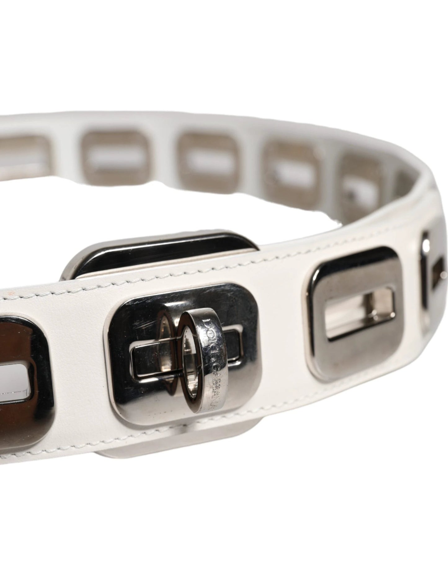 Dolce & Gabbana White Leather Gold Tone Rotating Buckle Belt by Dolce & Gabbana