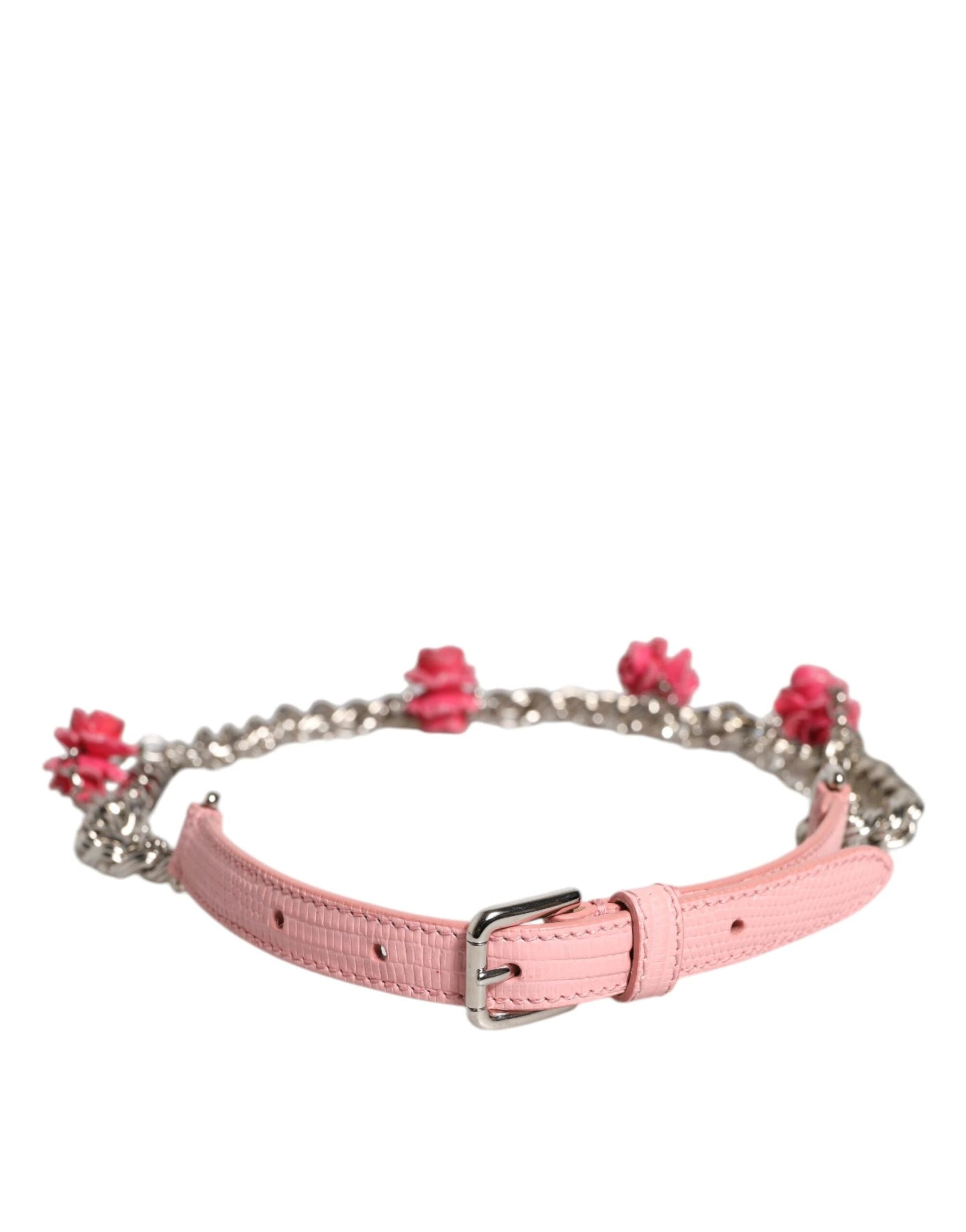 Dolce & Gabbana Pink Embelished Roses Textured Leather Belt by Dolce & Gabbana