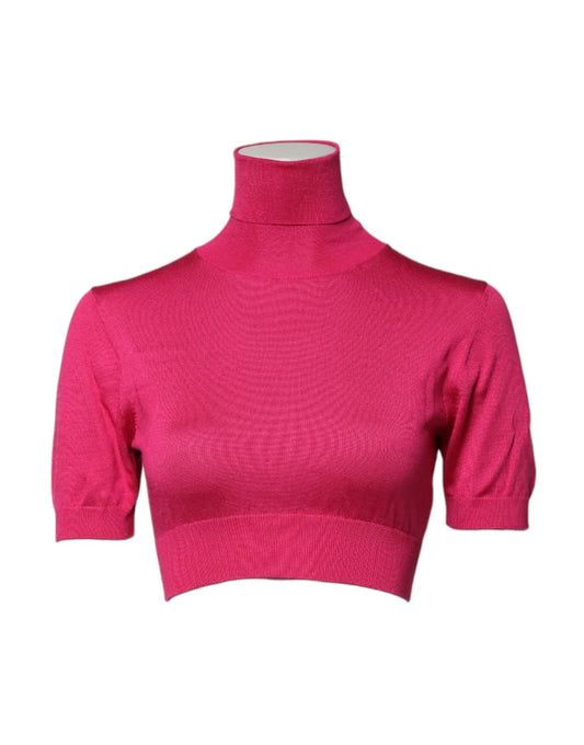 Dolce & Gabbana Pink Silk Knitted Turtleneck Cropped Top by Dolce & Gabbana