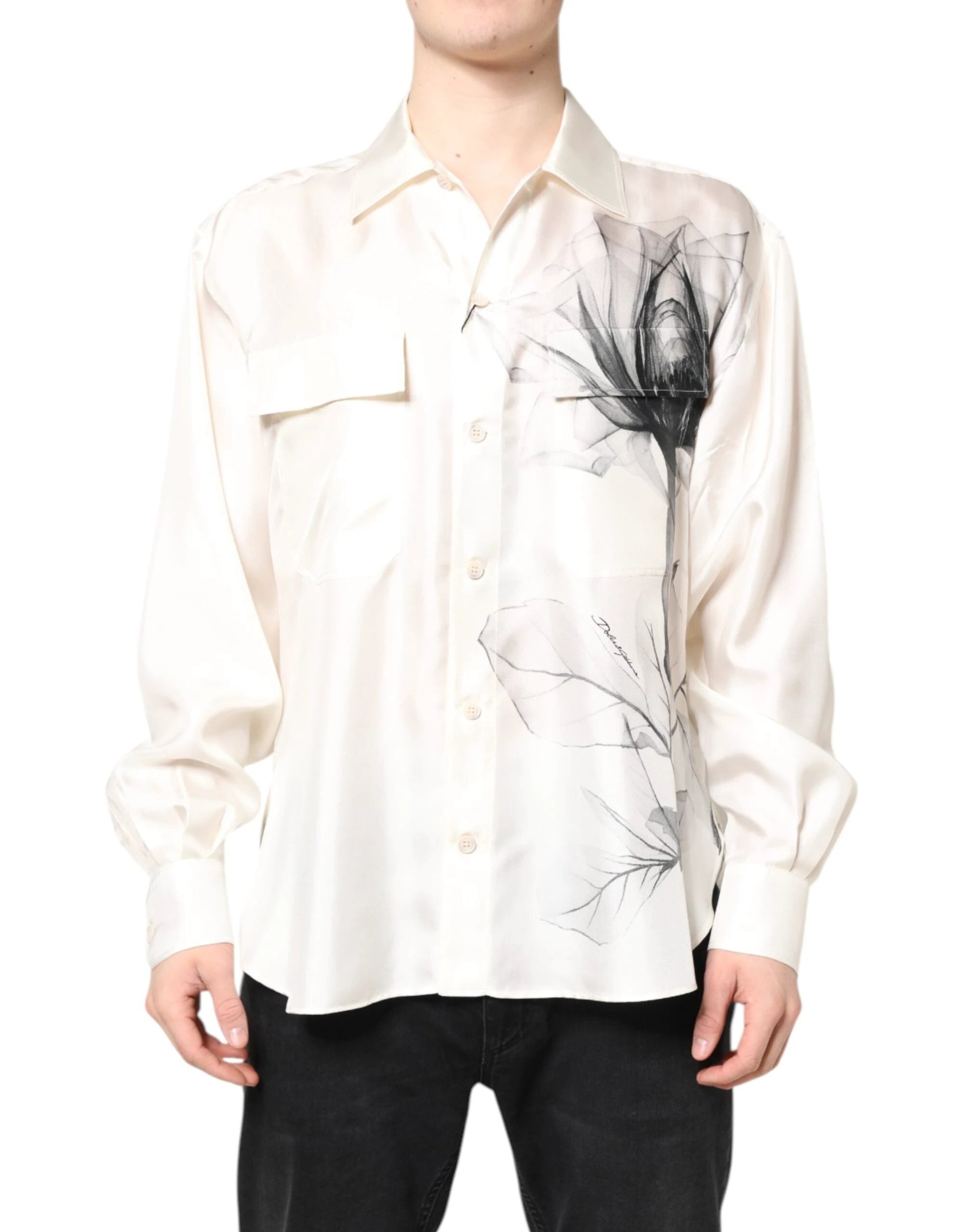 Dolce & Gabbana Ivory Silk Long Sleeves Men Casual Shirt by Dolce & Gabbana