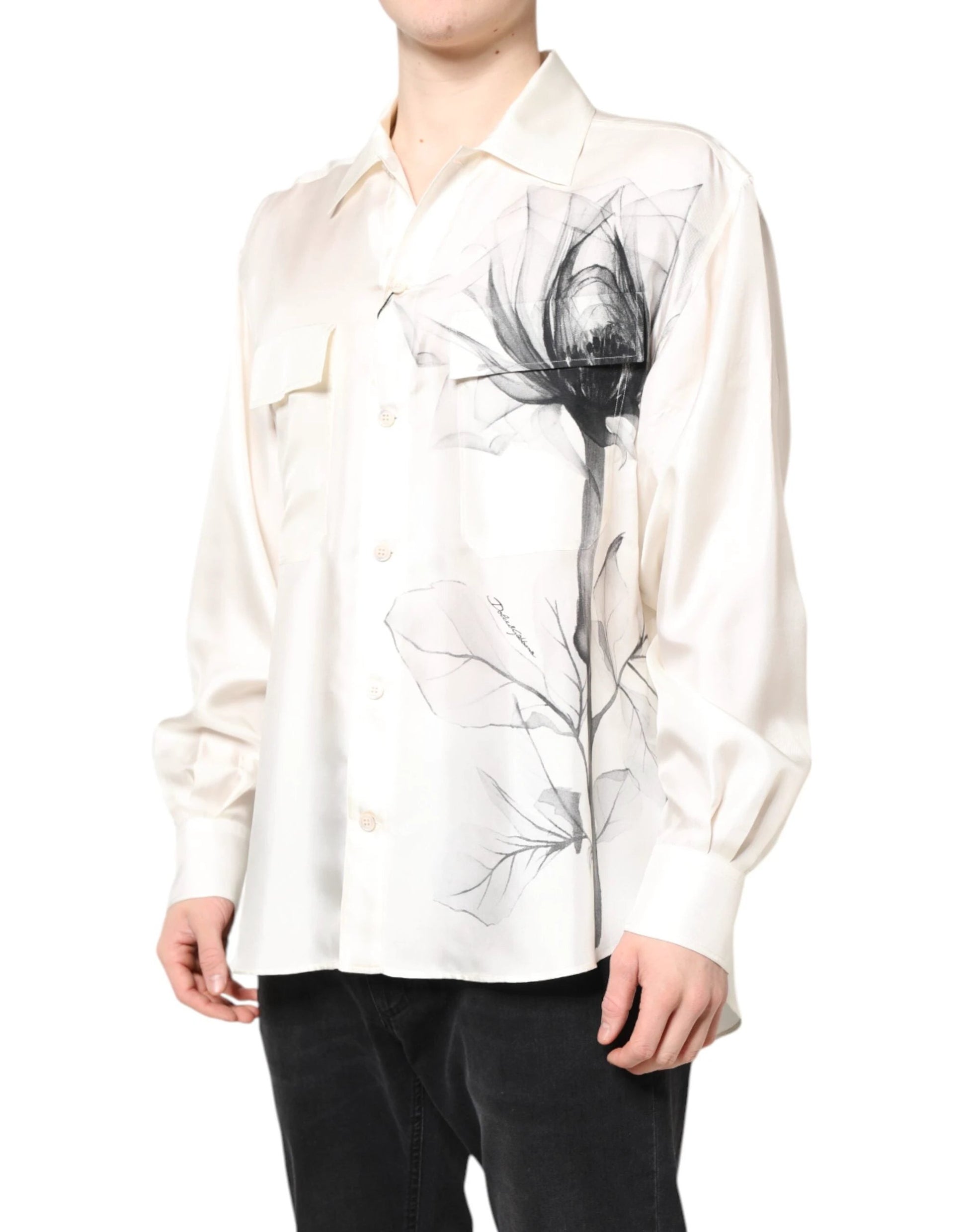 Dolce & Gabbana Ivory Silk Long Sleeves Men Casual Shirt by Dolce & Gabbana