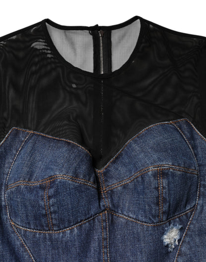 Dolce & Gabbana Black Blue Long Sleeves Denim Mini Dress