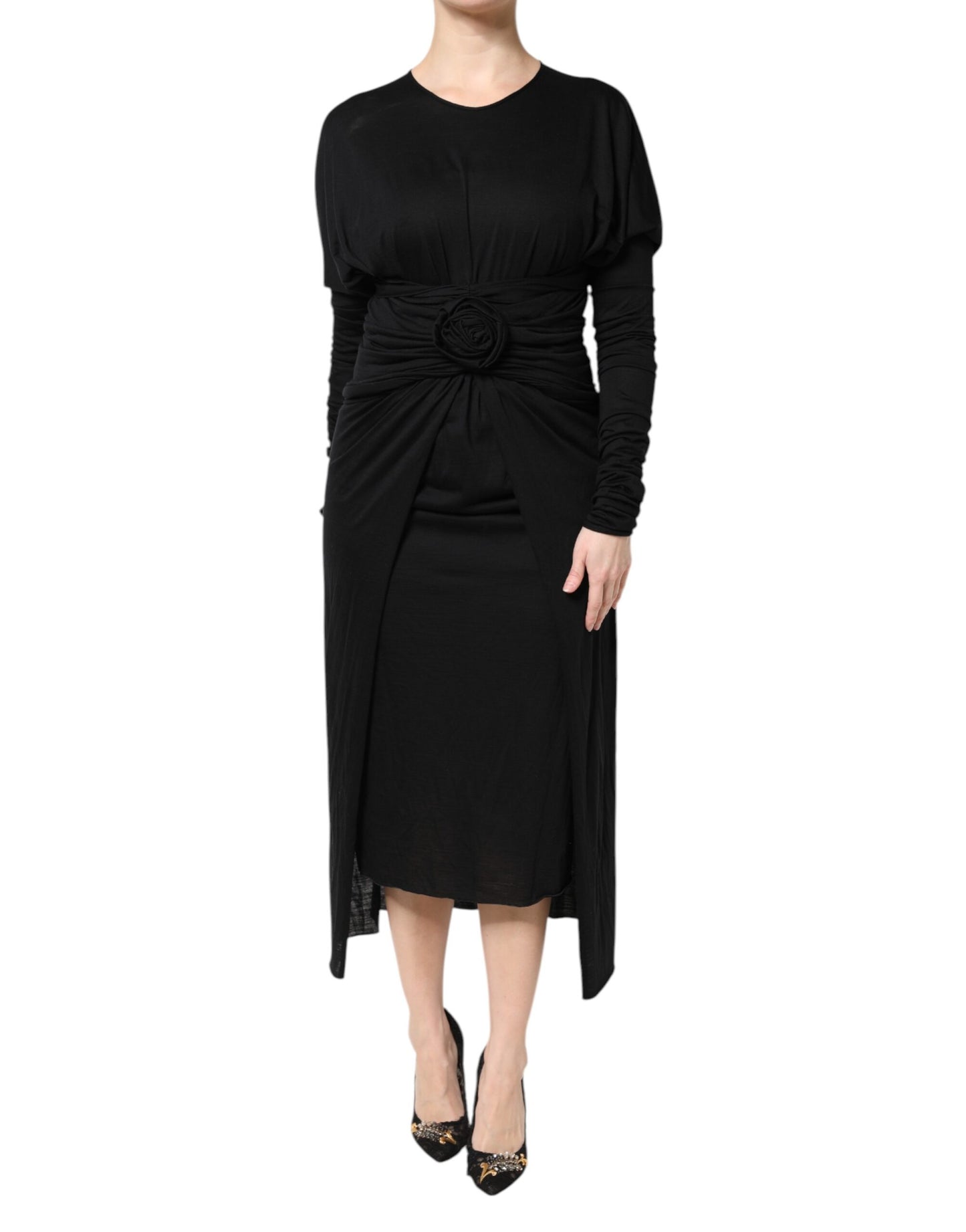 Dolce Et Gabbana Robe Fourreau Midi En Laine Noire À Manches Longues