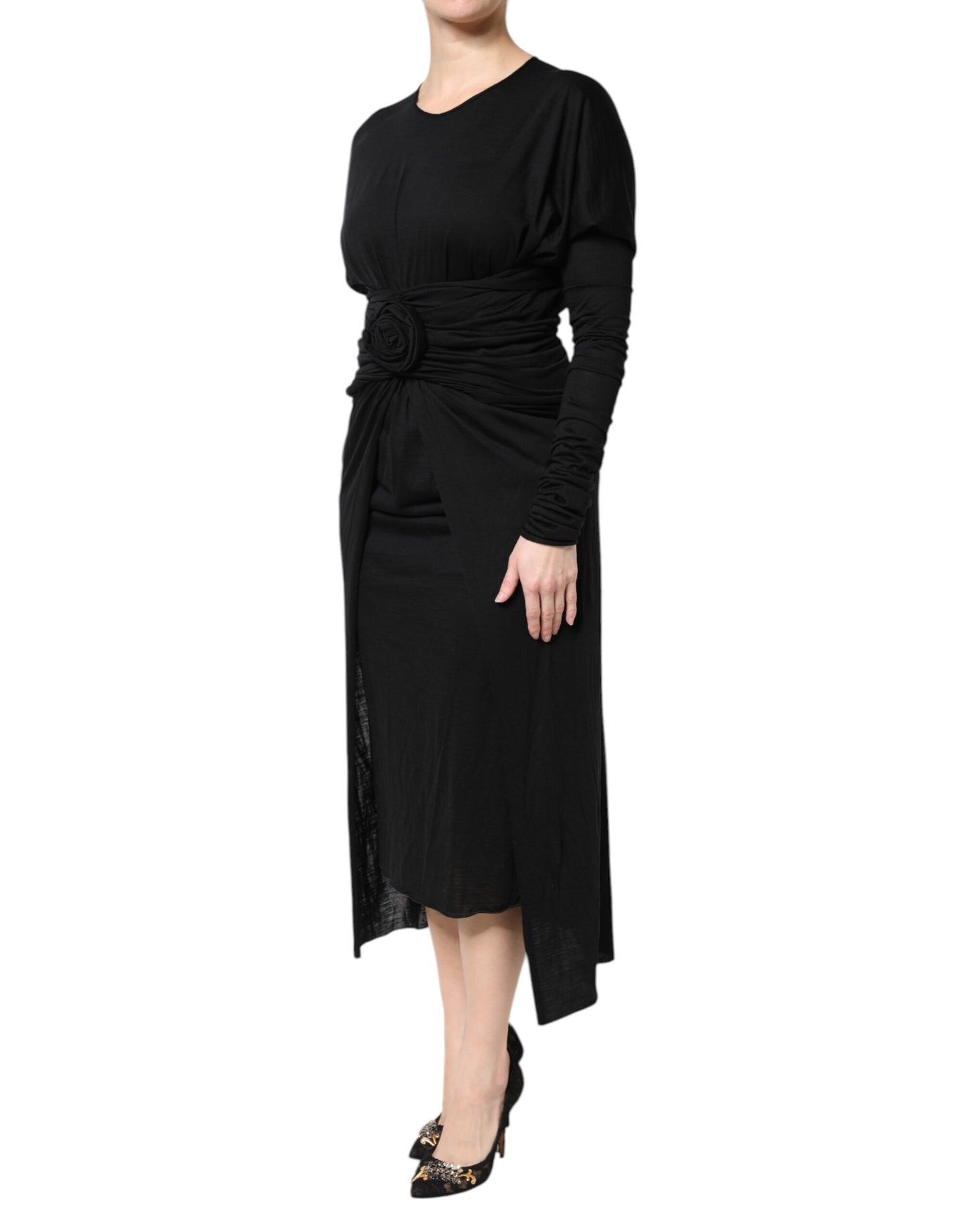 Dolce Et Gabbana Robe Fourreau Midi En Laine Noire À Manches Longues