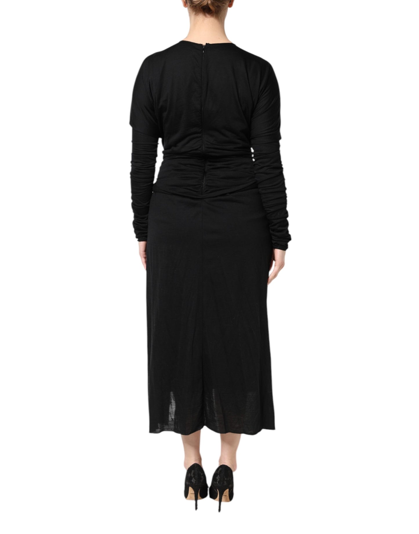 Dolce Et Gabbana Robe Fourreau Midi En Laine Noire À Manches Longues