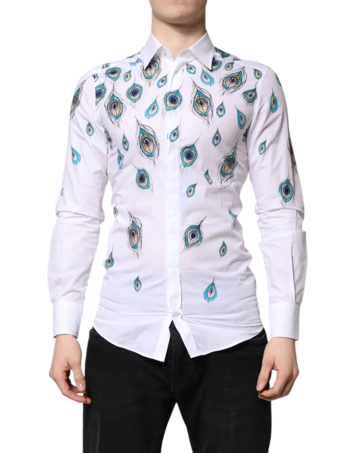 Dolce & Gabbana White Cotton Feather Print GOLD Dress Shirt by Dolce & Gabbana