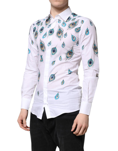 Dolce & Gabbana White Cotton Feather Print GOLD Dress Shirt by Dolce & Gabbana