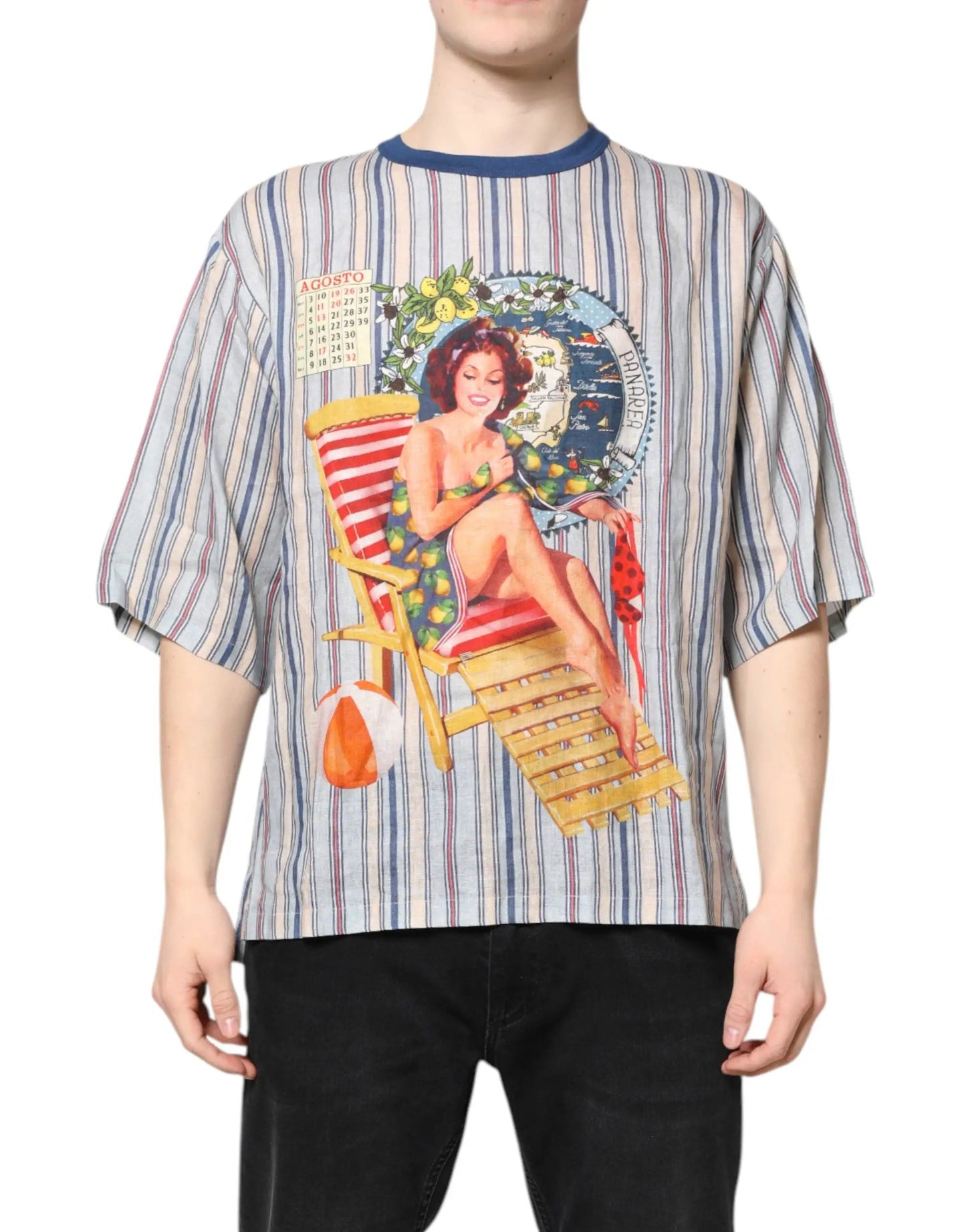 Dolce & Gabbana Multicolor Striped Pin Up Linen Round Neck T-shirt by Dolce & Gabbana