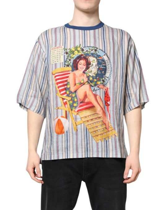Dolce & Gabbana Multicolor Striped Pin Up Linen Round Neck T-shirt by Dolce & Gabbana