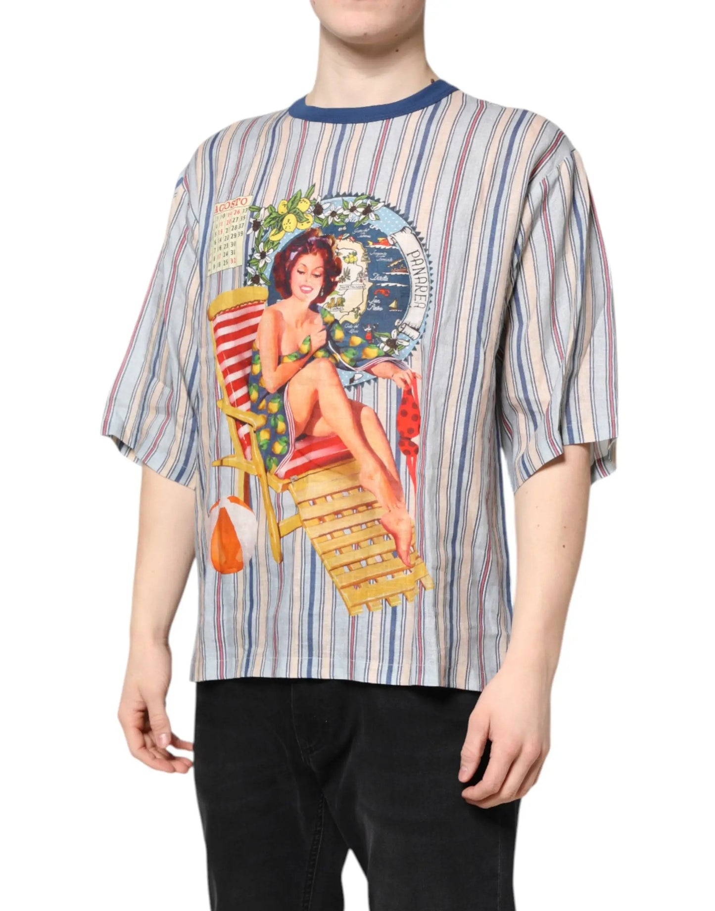 Dolce & Gabbana Multicolor Striped Pin Up Linen Round Neck T-shirt by Dolce & Gabbana
