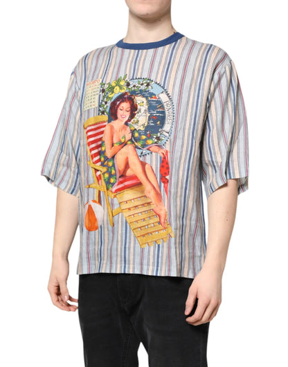 Dolce & Gabbana Multicolor Striped Pin Up Linen Round Neck T-shirt by Dolce & Gabbana