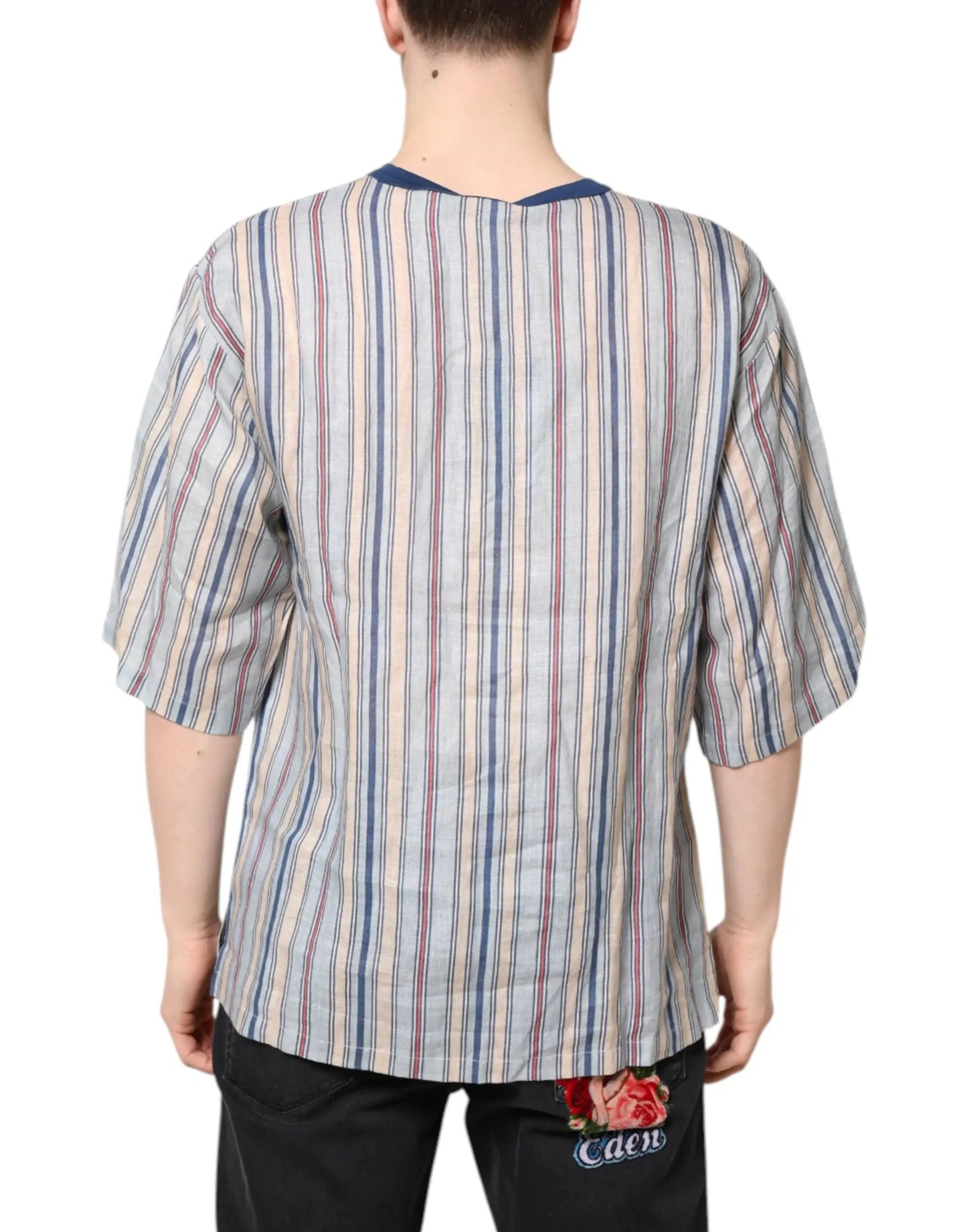 Dolce & Gabbana Multicolor Striped Pin Up Linen Round Neck T-shirt by Dolce & Gabbana