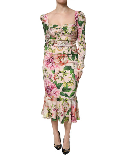 Dolce & Gabbana Pink Floral Silk Fit And Flared Midi Dress by Dolce & Gabbana