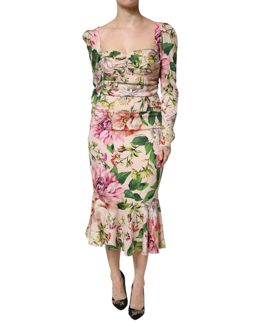 Dolce & Gabbana Pink Floral Silk Fit And Flared Midi Dress by Dolce & Gabbana