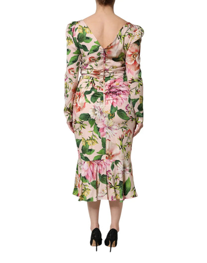 Dolce & Gabbana Pink Floral Silk Fit And Flared Midi Dress by Dolce & Gabbana