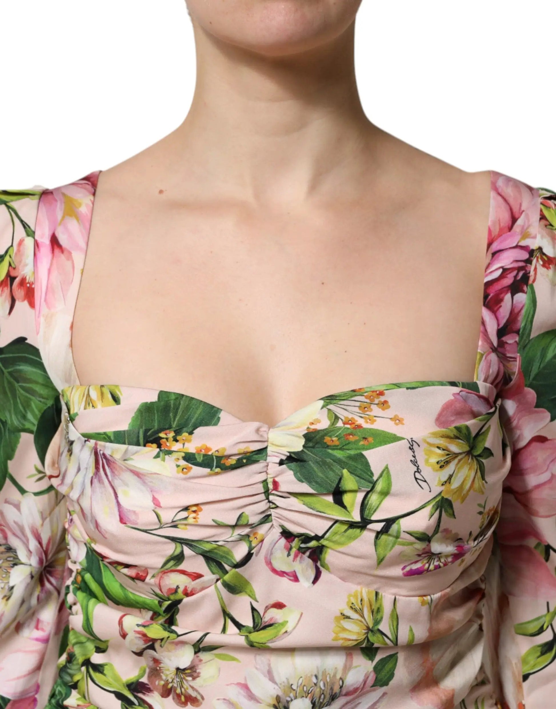Dolce & Gabbana Pink Floral Silk Fit And Flared Midi Dress by Dolce & Gabbana