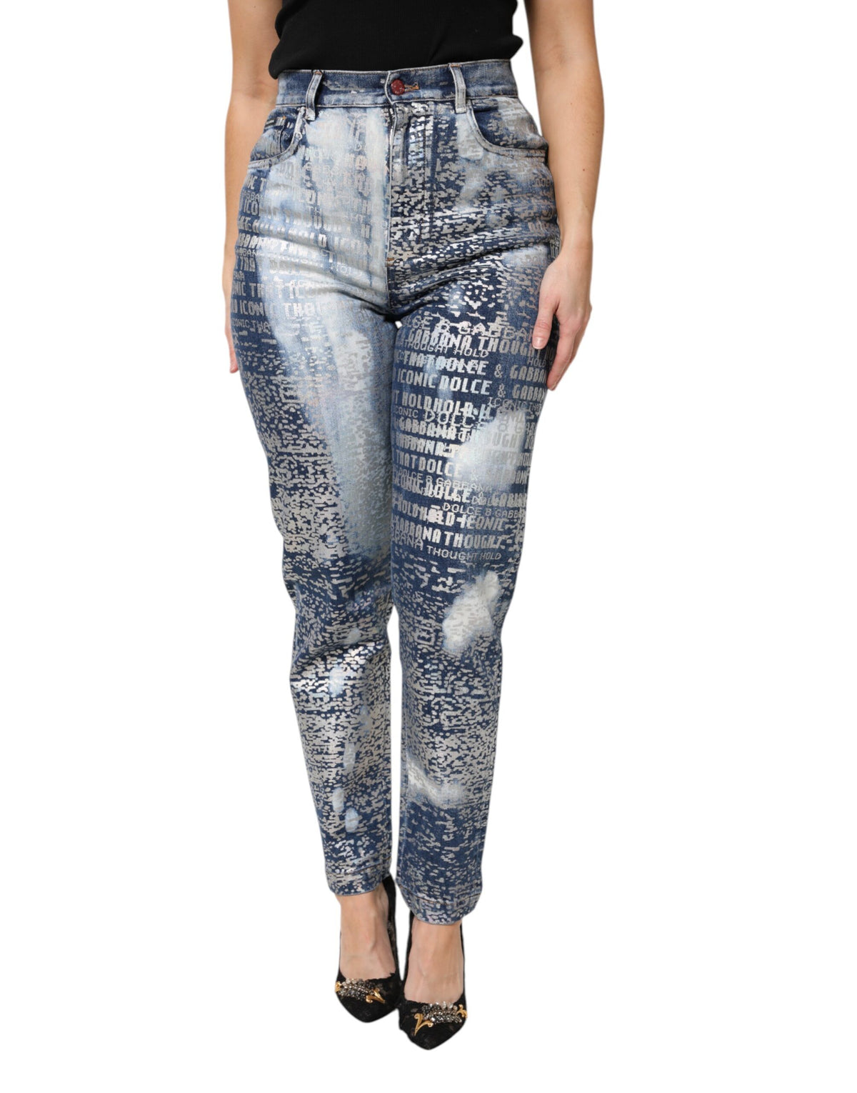 Jean Dolce & Gabbana femme taille haute imprimé en coton bleu délavé – PAN76303