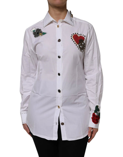 Dolce & Gabbana White Cotton Floral Embellished Shirt Top by Dolce & Gabbana
