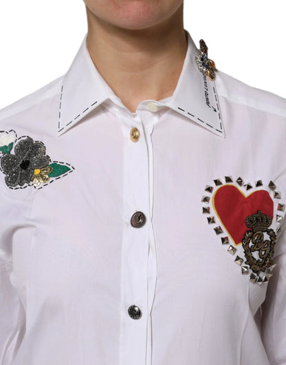 Dolce & Gabbana White Cotton Floral Embellished Shirt Top by Dolce & Gabbana