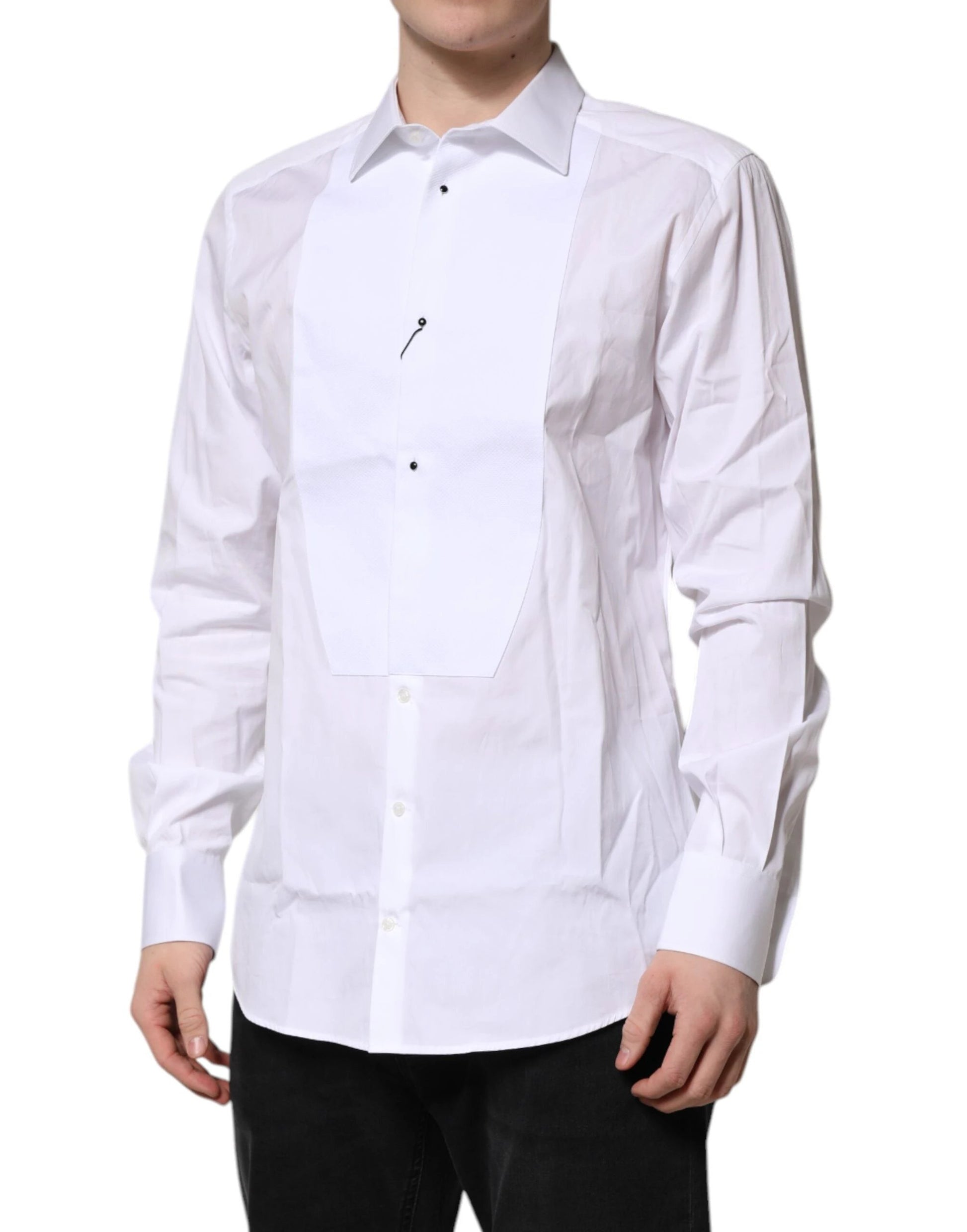 Dolce & Gabbana White Silk Bib Poplin GOLD Men Formal Shirt by Dolce & Gabbana