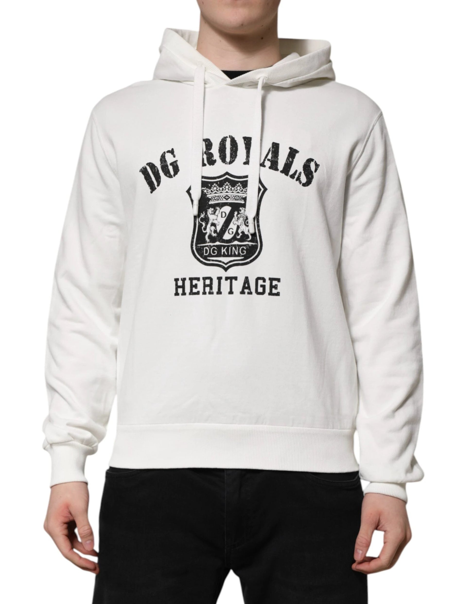 Dolce & Gabbana White Cotton DG ROYAL Print Hooded Sweater by Dolce & Gabbana