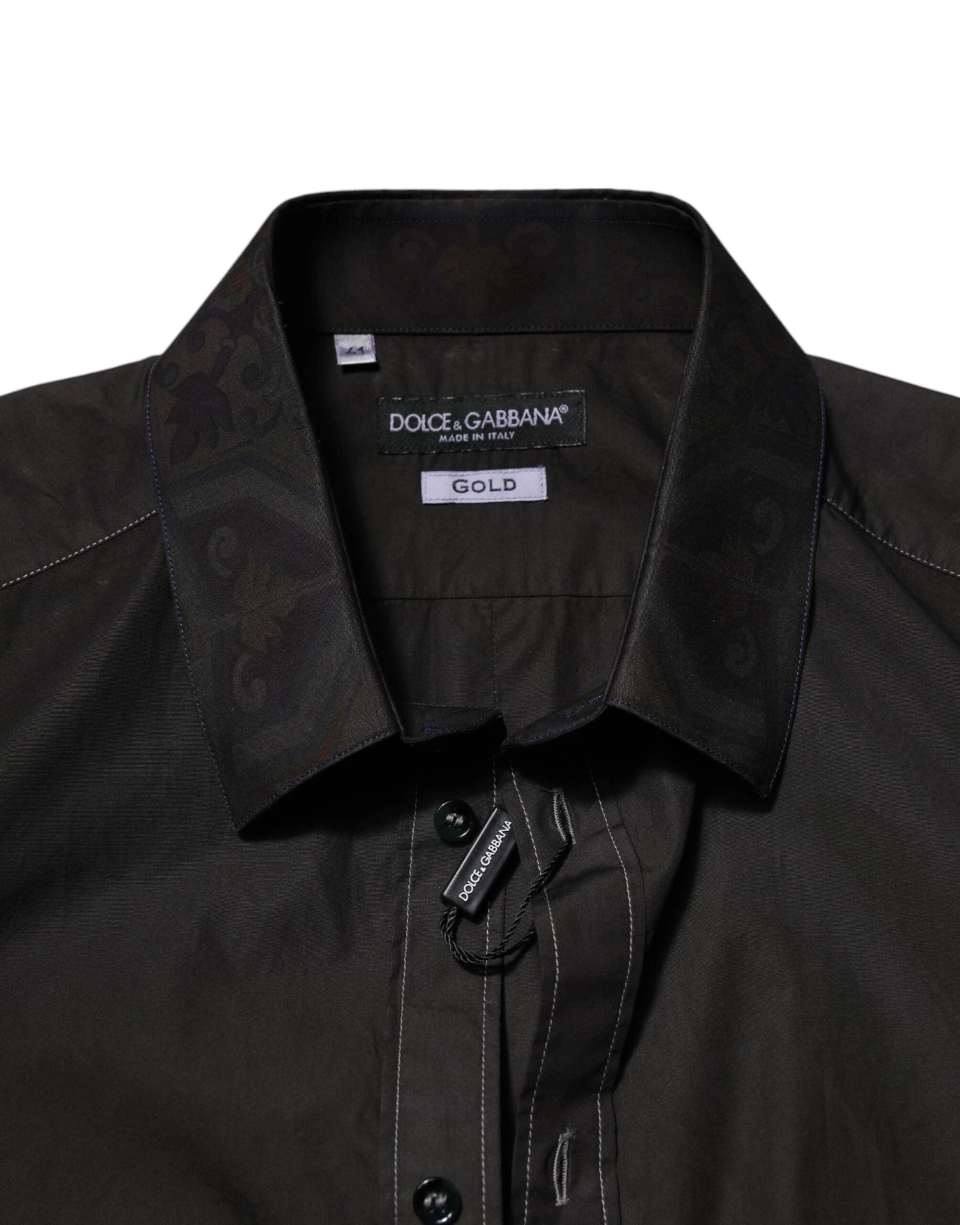 Dolce & Gabbana Black Cotton Jacquard GOLD Collar Dress Shirt by Dolce & Gabbana