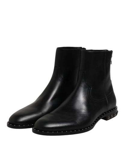 Dolce & Gabbana Black Leather Logo Ankle Boots Studded Shoes by Dolce & Gabbana