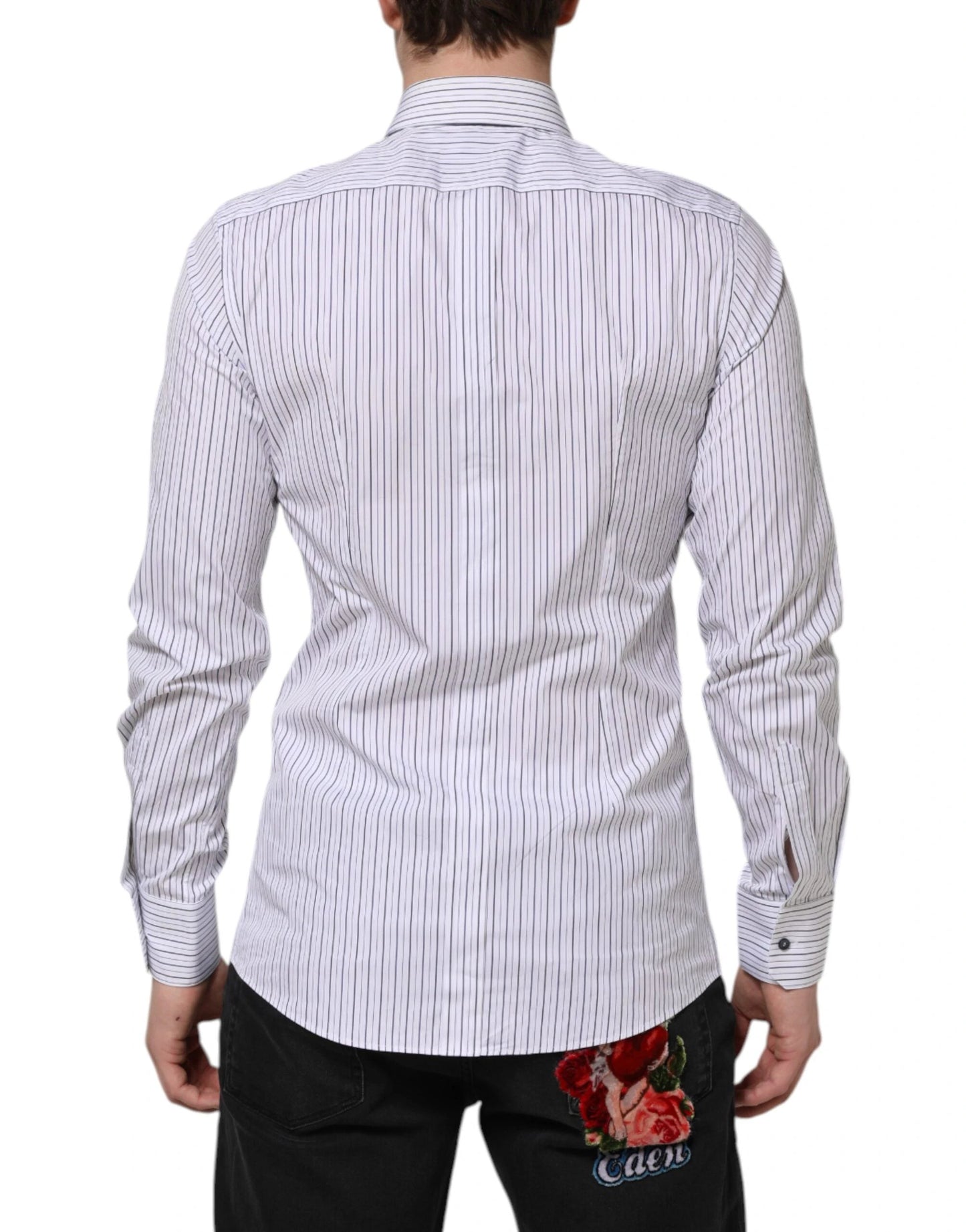 Dolce & Gabbana White Blue Striped Cotton GOLD Formal Shirt by Dolce & Gabbana