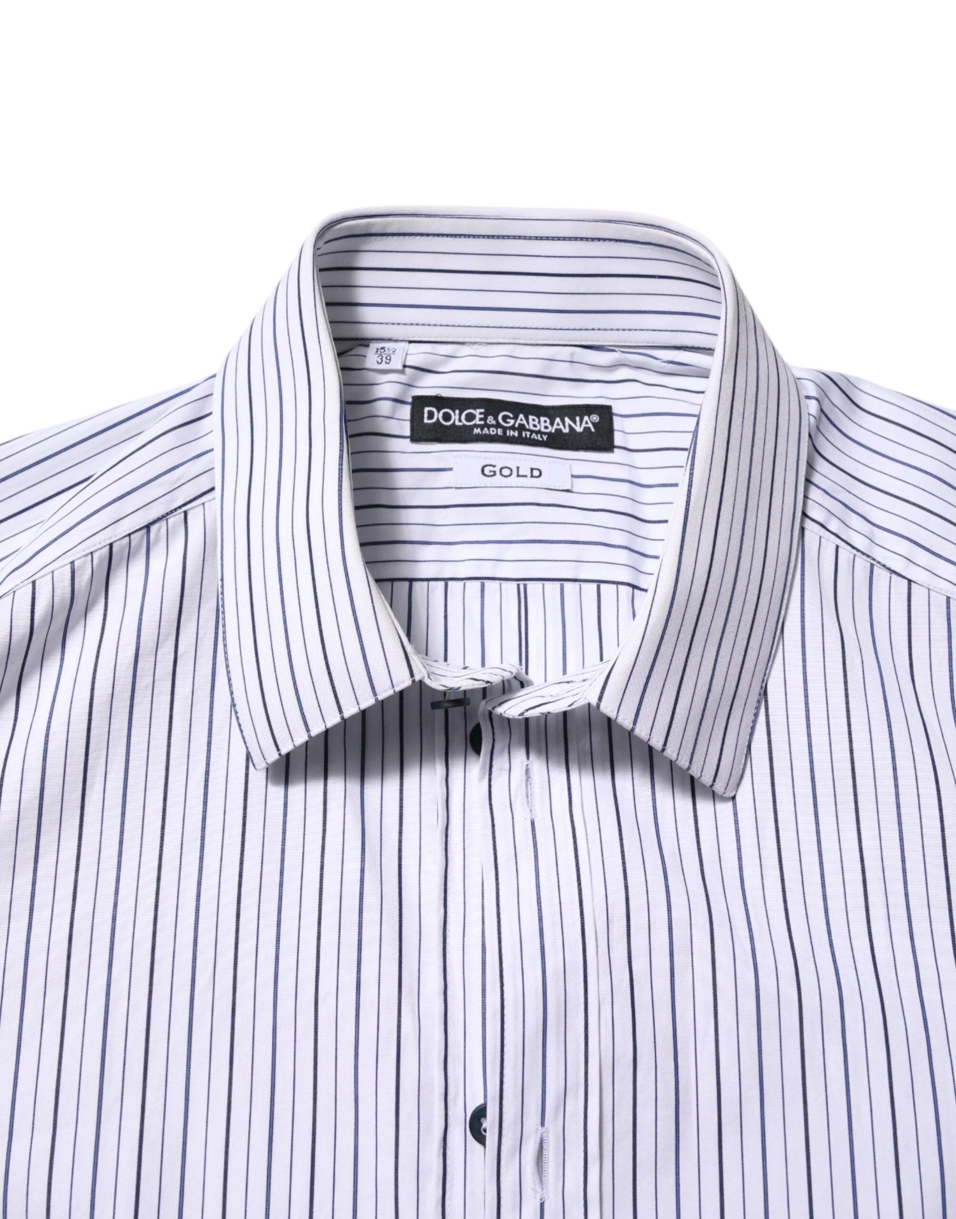 Dolce & Gabbana White Blue Striped Cotton GOLD Formal Shirt by Dolce & Gabbana