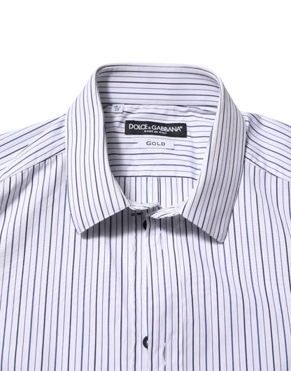 Dolce & Gabbana White Blue Striped Cotton GOLD Formal Shirt by Dolce & Gabbana