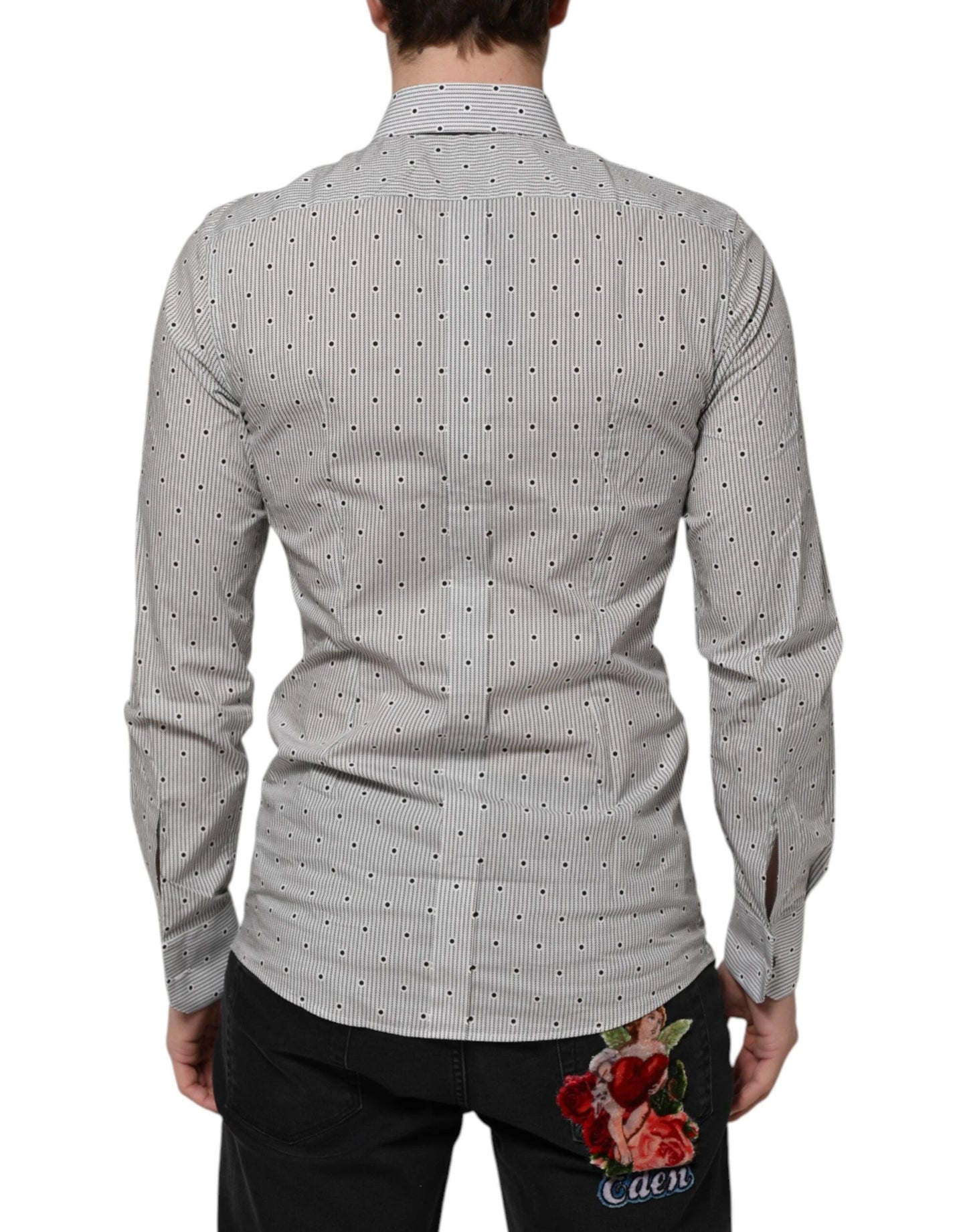 Dolce & Gabbana Gray Dotted Semi Fitted GOLD Men Formal Shirt by Dolce & Gabbana