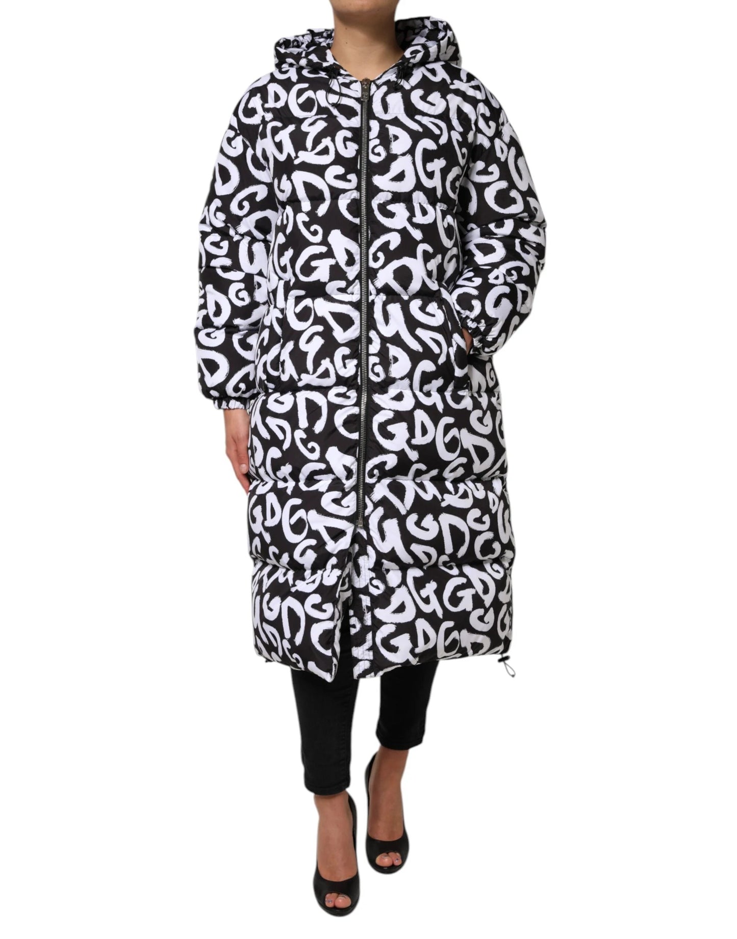 Dolce & Gabbana Black White DG Mania Hooded Long Coat Jacket by Dolce & Gabbana