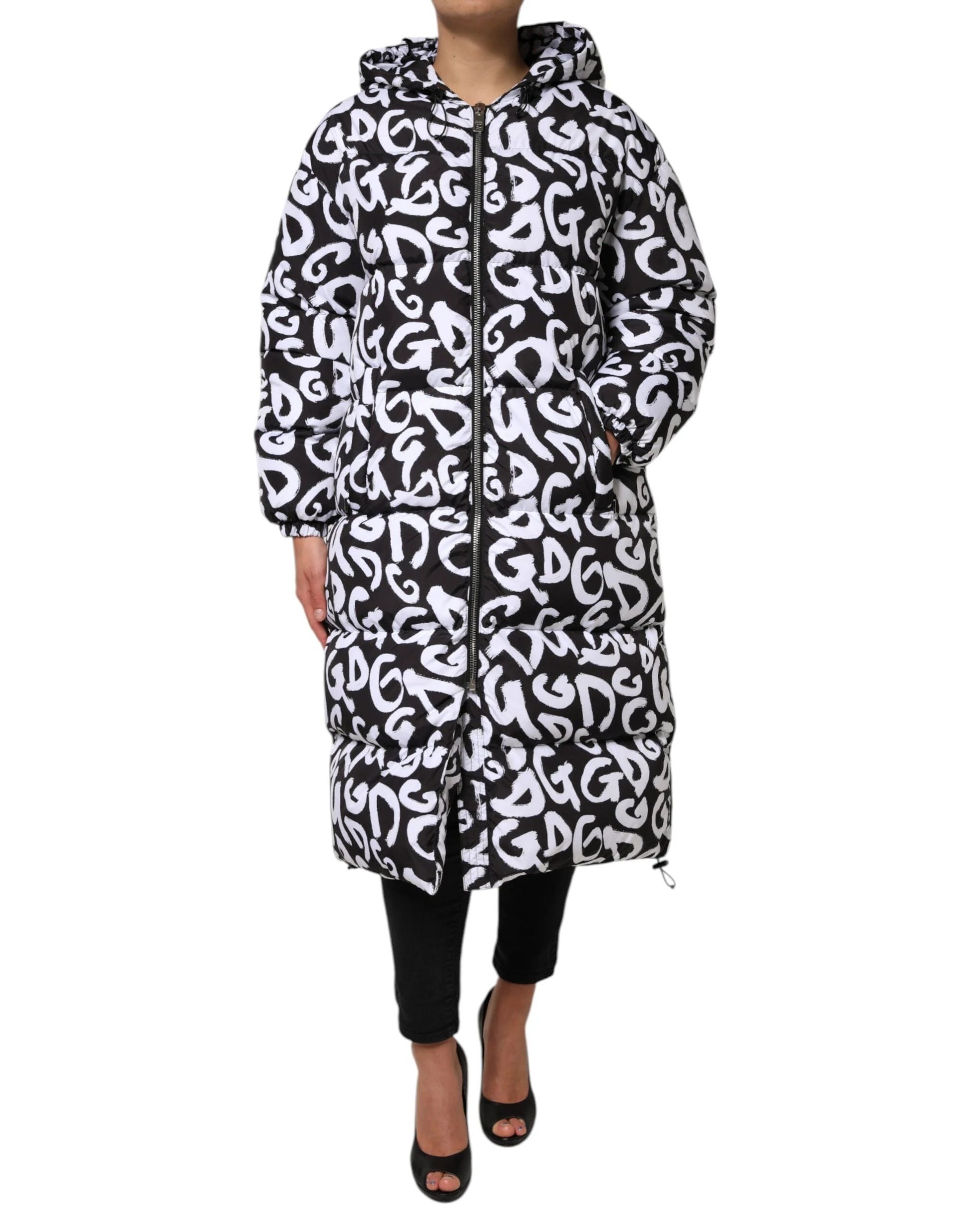 Dolce & Gabbana Black White DG Mania Hooded Long Coat Jacket by Dolce & Gabbana